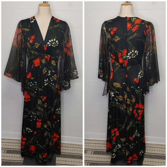 Vintage 70's angel wing sleeves maxi dress S/M - Picture 2 of 13